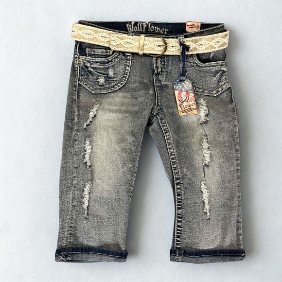 WallFlower Jeans Denim - Wallflower Womens 9 Distressed Capri Jeans Lace Belt Stretch NWT Streetwear Boho